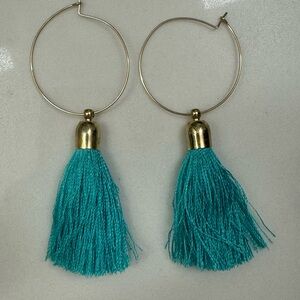 Gold and Teal Tassel Hoop Earrings